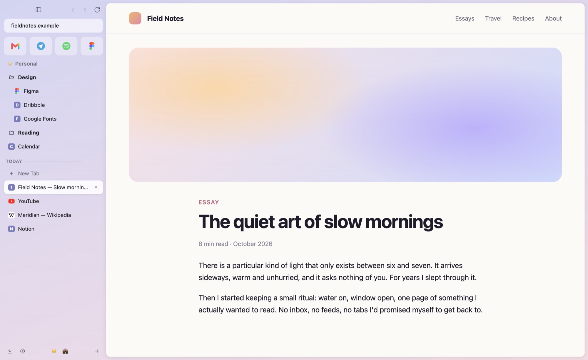 Meridian with spaces, pinned folders and Today tabs in the sidebar
